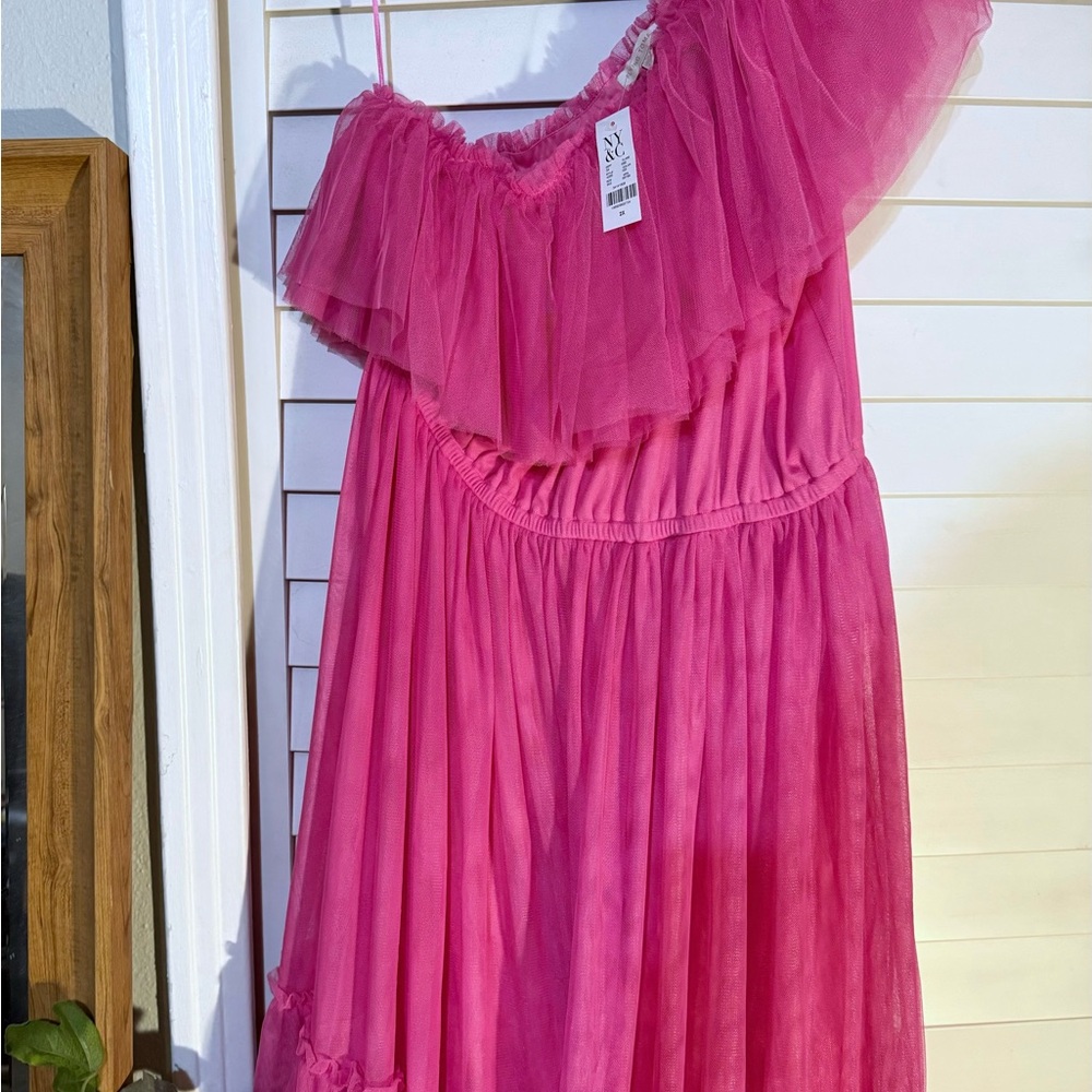 Hot Pink One Shoulder Ruffle Dress